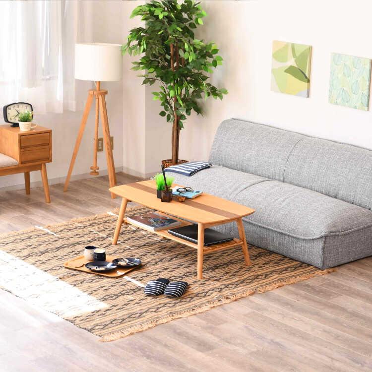 幅105cm・センターラインがお洒落な折りたたみ＆棚付きセンターテーブル 天然木オーク製 ナチュラル色 ローテーブル リビングテーブル コーヒーテーブル 可愛い |  | 02