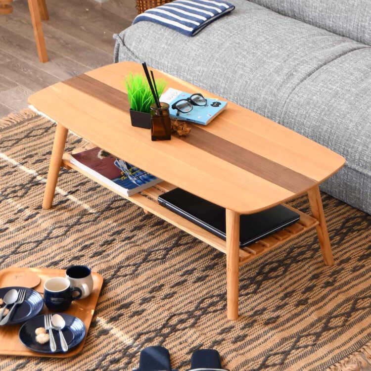 幅105cm・センターラインがお洒落な折りたたみ＆棚付きセンターテーブル 天然木オーク製 ナチュラル色 ローテーブル リビングテーブル コーヒーテーブル 可愛い |  | 03