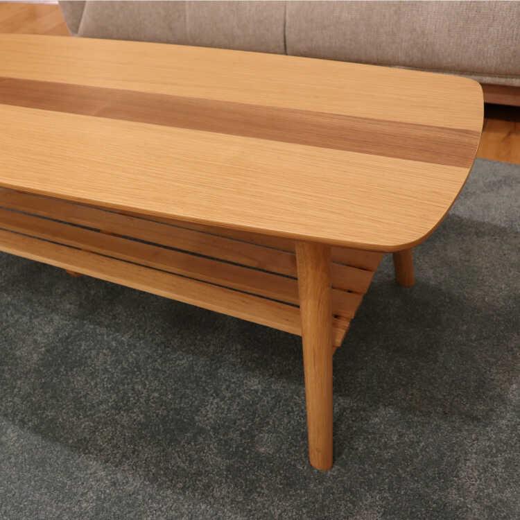 幅105cm・センターラインがお洒落な折りたたみ＆棚付きセンターテーブル 天然木オーク製 ナチュラル色 ローテーブル リビングテーブル コーヒーテーブル 可愛い |  | 04