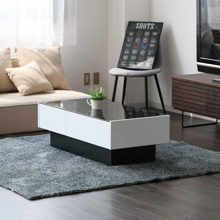 極極美品　LOWYA リビングテーブル ホワイト　鏡面仕上げ　ブラックガラス 幅105cm・大型収納付き高級ガラス製ローテーブル 完成品 白光沢