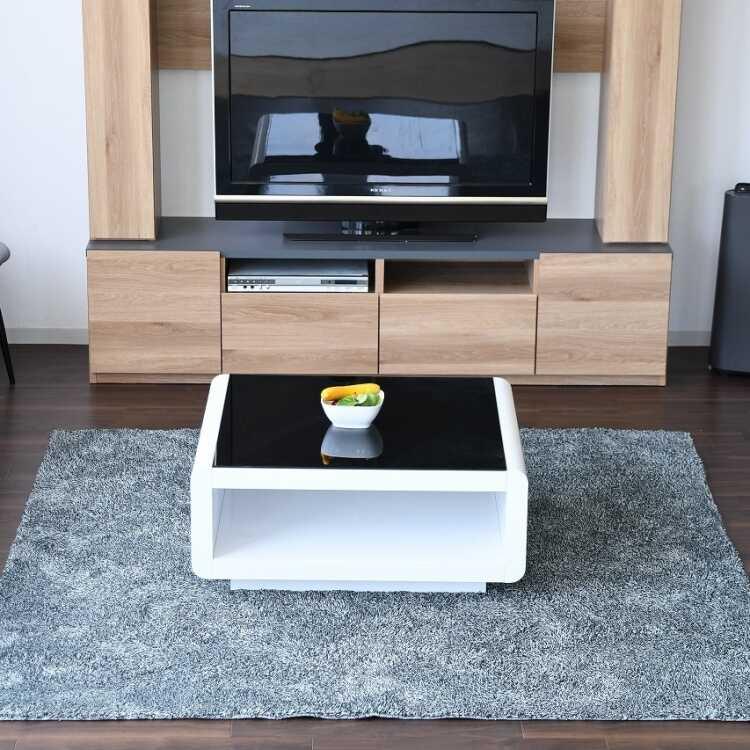 幅80cm・光沢ホワイトとブラックガラスの高級モダンローテーブル 完成