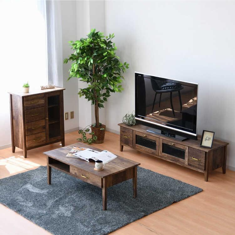 幅100cm・古材風アンティークなセンターテーブル 完成品 引出し収納