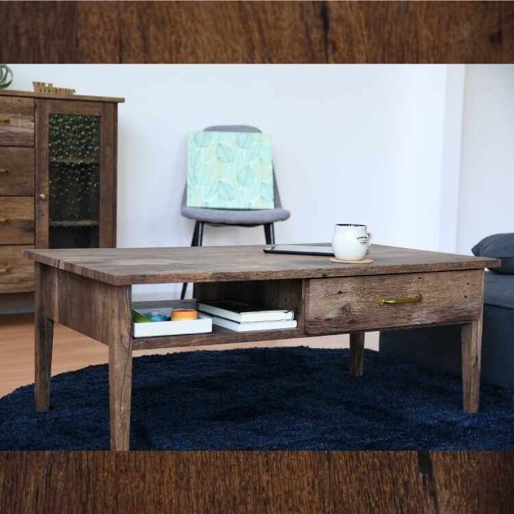 幅100cm・古材風アンティークなセンターテーブル 完成品 引出し収納