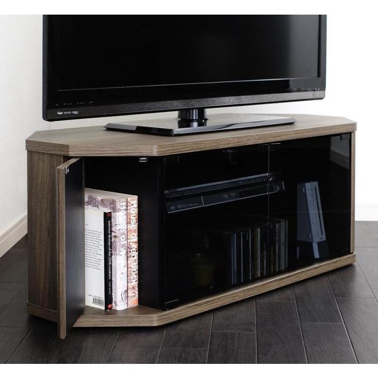 コーナーテレビ台 木目ブラウン＆ブラックガラス製・幅100cm