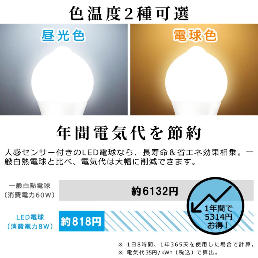 LED人感センサー電球 60W形相当 E26 一般電球型 自動点灯消灯 防犯夜灯