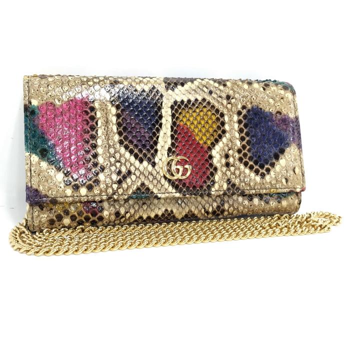 中古】GUCCI チェーンウォレット GGマーモント パイソン レザー マルチ 