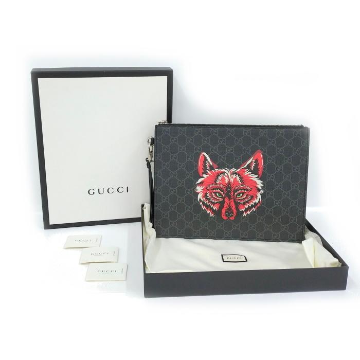 GUCCI 【中古】GUCCI クラッチバッグ アニマリエ ウルフ ブラック GG  