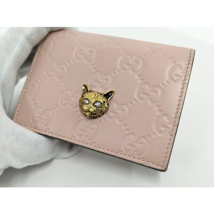 中古】GUCCI 二つ折り財布 グッチシマ キャットヘッド レザー ピンク  