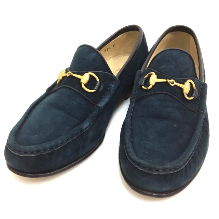 GUCCI 【中古】グッチ ホースビット ローファー スエード ネイビー 