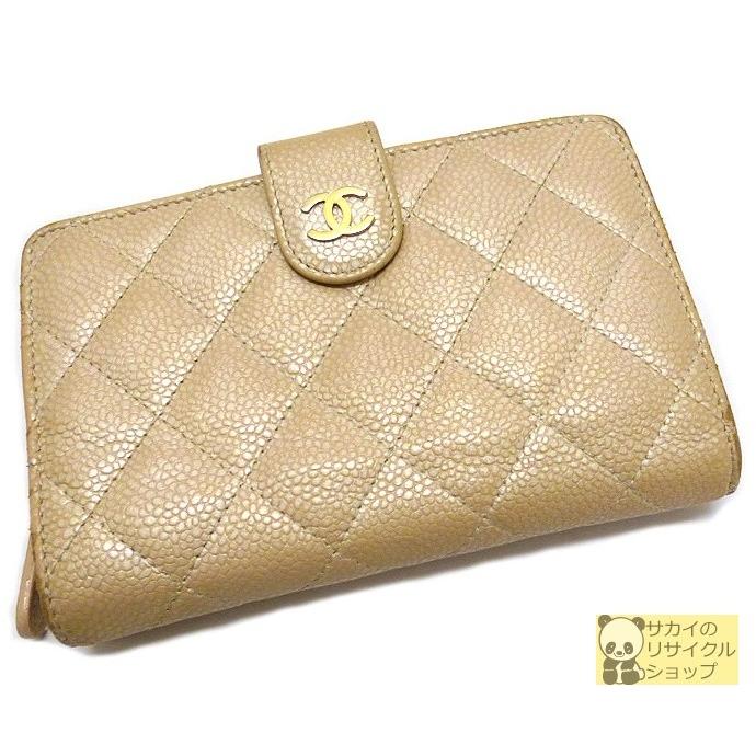 マトラッセ CHANEL 二つ折り財布 キャビアスキン ココマーク ベージュ 