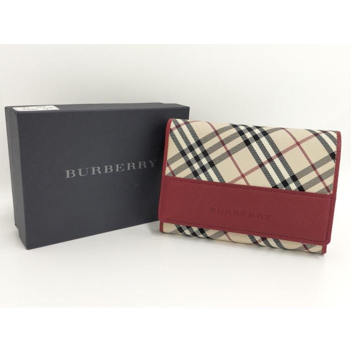 中古】BURBERRY 二つ折り財布 レザー キャンバス ベージュ ボルドー系