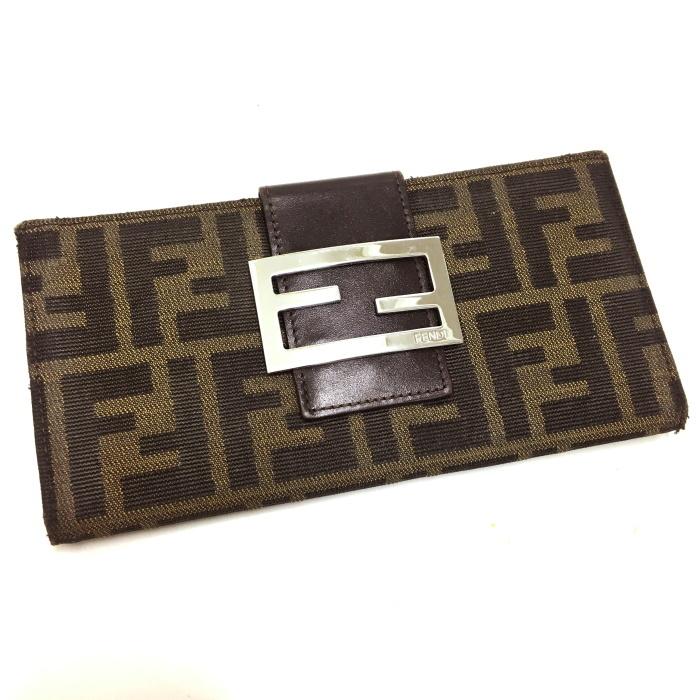 【中古】FENDI Wホック 二つ折り長財布 ズッカ柄 キャンバス レザー ブラウン 2400 31133 018 :