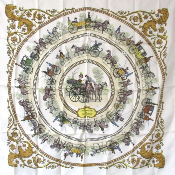 安価 La 大判スカーフ カレ 中古 エルメス ロンシャンへの散歩 Hermes Promenade ホワイト マルチカラー Longchamps De 財布 帽子 ファッション小物 Headshotsbar Com