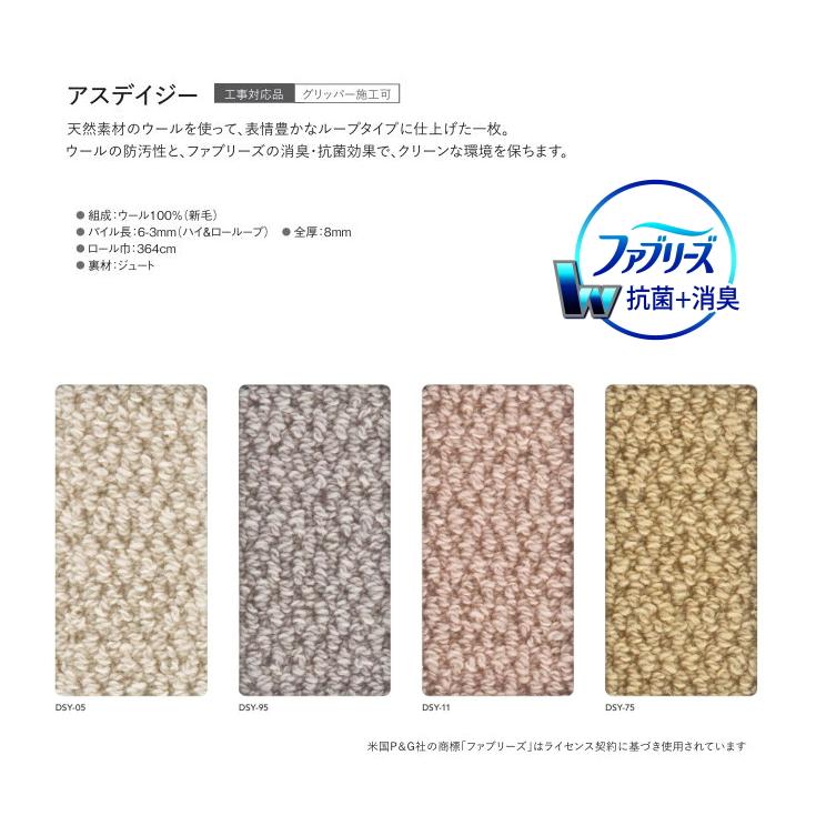 カーペット アスワン ファブリーズ 抗菌 消臭 ウール100% 防炎 制電 防虫 遮音 床暖房対応 防ダニ アスデイジー 幅311〜330ｃｍＸ長さ361〜390ｃｍまで_1