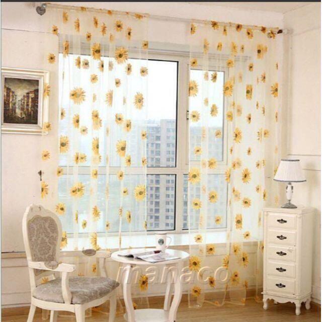 ひまわり柄 レース カーテン 2枚セット ポール レースカーテン 花柄 黄色 透け感 仕切り 向日葵 目隠し | 