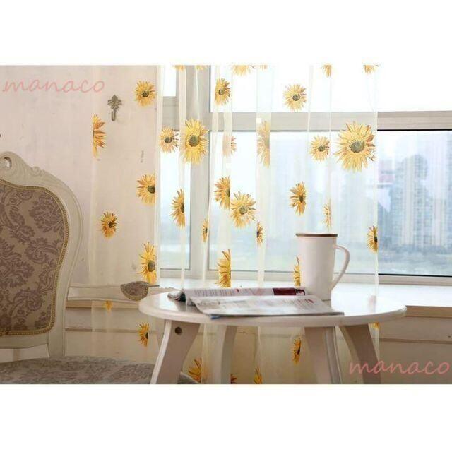 ひまわり柄 レース カーテン 2枚セット ポール レースカーテン 花柄 黄色 透け感 仕切り 向日葵 目隠し |  | 03