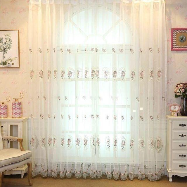 レース カーテン おしゃれ 2枚セット ヨーロピアン 刺繍 ピンク ブルー のれん スカラップ 生地 間仕切り | 