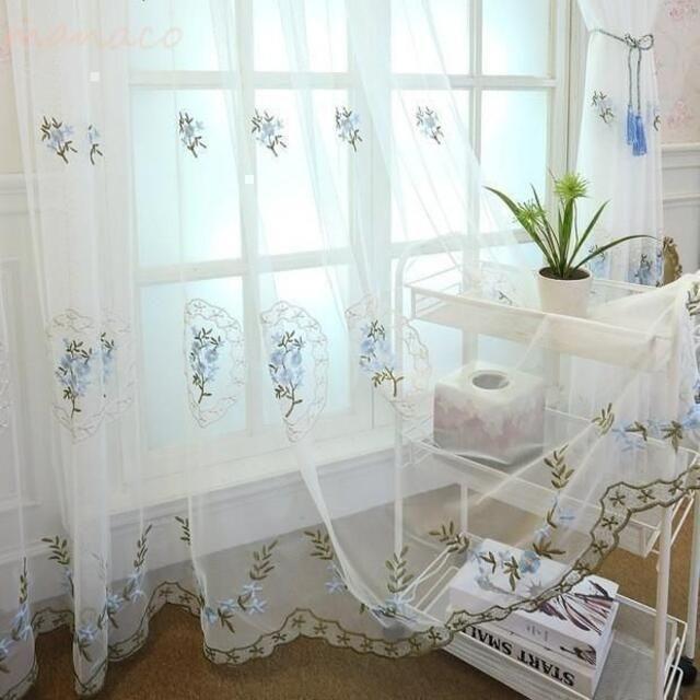 レース カーテン おしゃれ 2枚セット ヨーロピアン 刺繍 ピンク ブルー のれん スカラップ 生地 間仕切り |  | 02