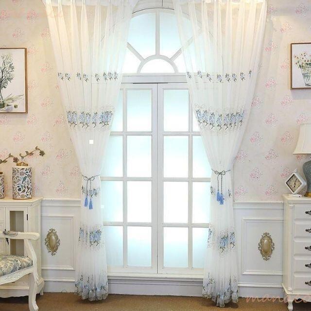 レース カーテン おしゃれ 2枚セット ヨーロピアン 刺繍 ピンク ブルー のれん スカラップ 生地 間仕切り |  | 18