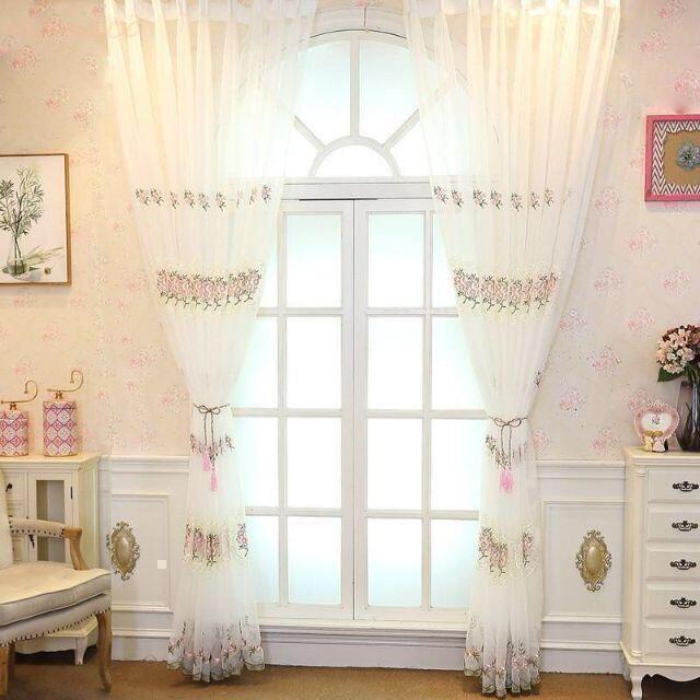 レース カーテン おしゃれ 2枚セット ヨーロピアン 刺繍 ピンク ブルー のれん スカラップ 生地 間仕切り |  | 07