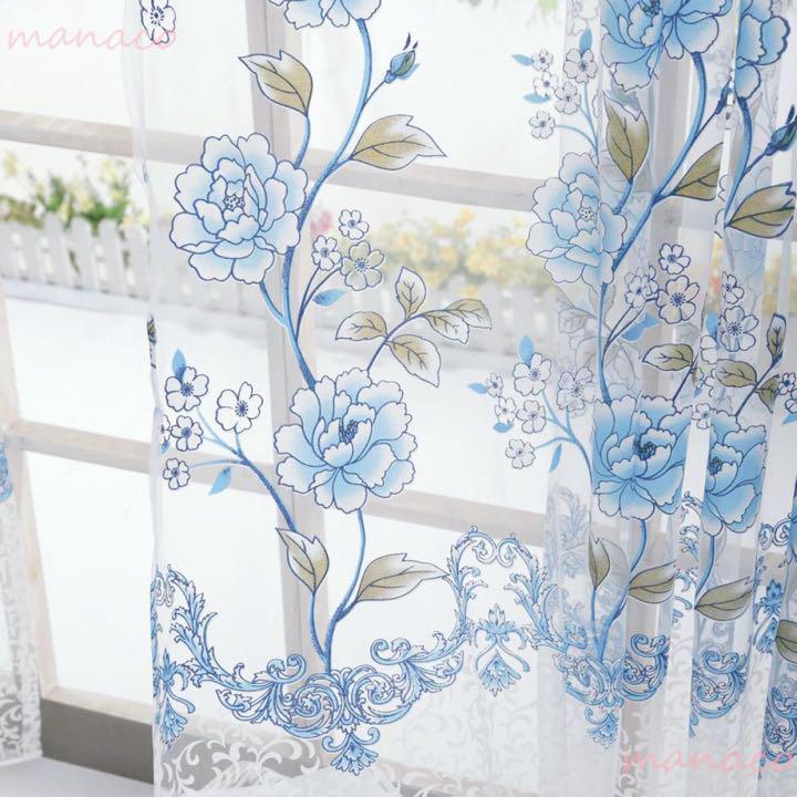 加工ひまわり＆ブルー ホワイト 洗濯可 ミラー レース のれん突っ張り棒 のれん レース カーテン 洗濯可 ブルー ホワイト 2枚 セット