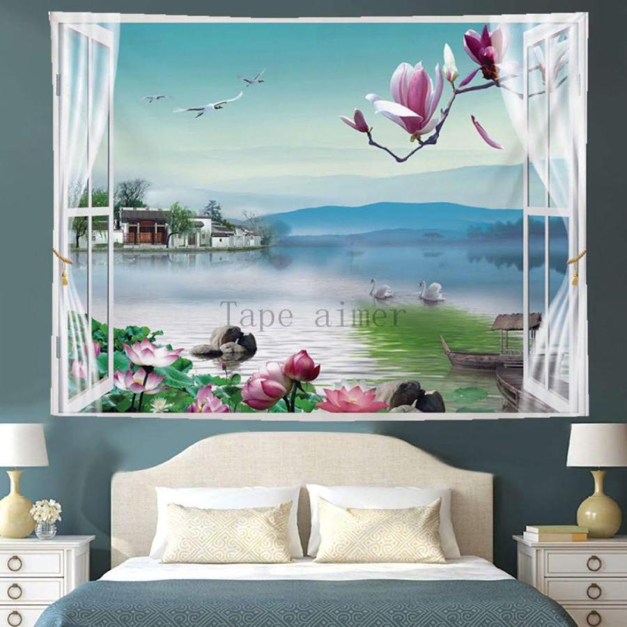 タペストリー おしゃれ 北欧 大判 海窓一望 金具付 花 鳥 景色 生地 布