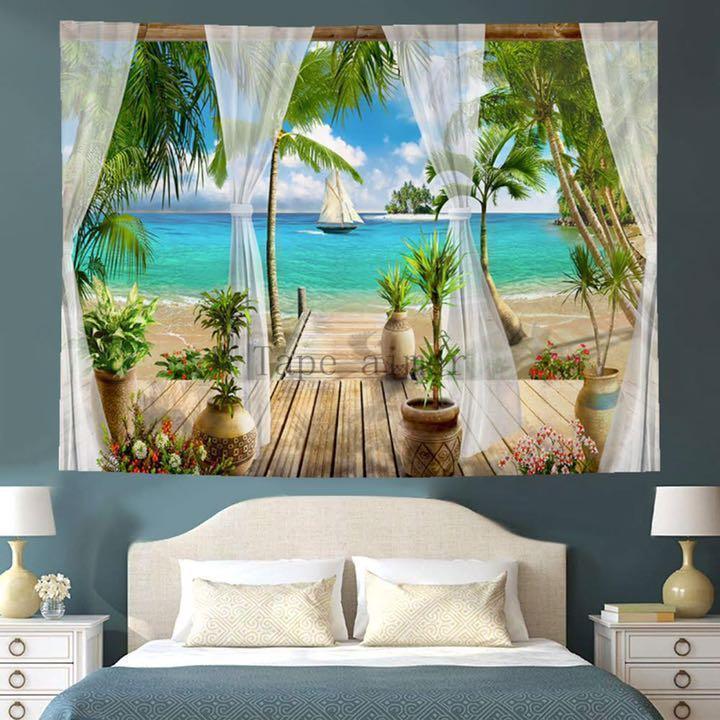 タペストリー おしゃれ 北欧 大判 海窓一望 金具付 花 鳥 景色 生地 布