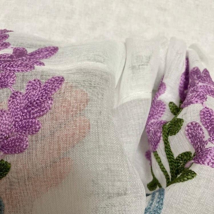 カフェカーテン 紫 ラベンダー 幅100cm×丈55cm 刺繍 小窓 突っ張り棒 
