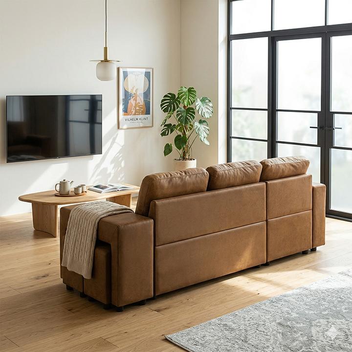 カウチ　ソファーベッド 3P 3人掛けソファ 収納付きオットマン付き　ブラウン ソファーベッド 3人掛け 3WAY カウチソファ 収納付き スツール内蔵
