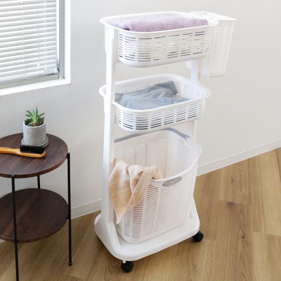 サンコープラスチック ランドリーバスケット ポケット付き 3段 洗濯