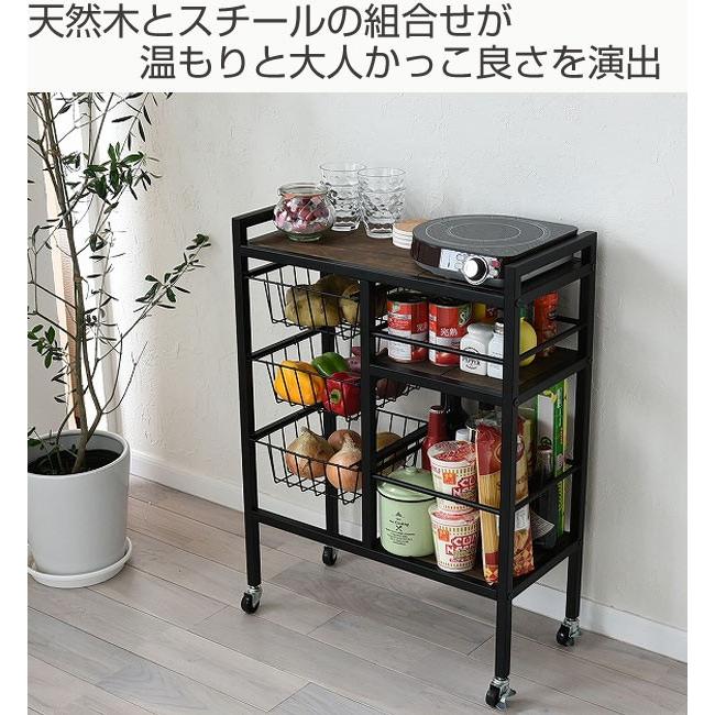 キッチンワゴン キャスター付 天然木 スチールフレーム GRANT 幅60cm （ キッチン収納 収納 バスケット付き ワゴン キッチン 台所 ）の画像