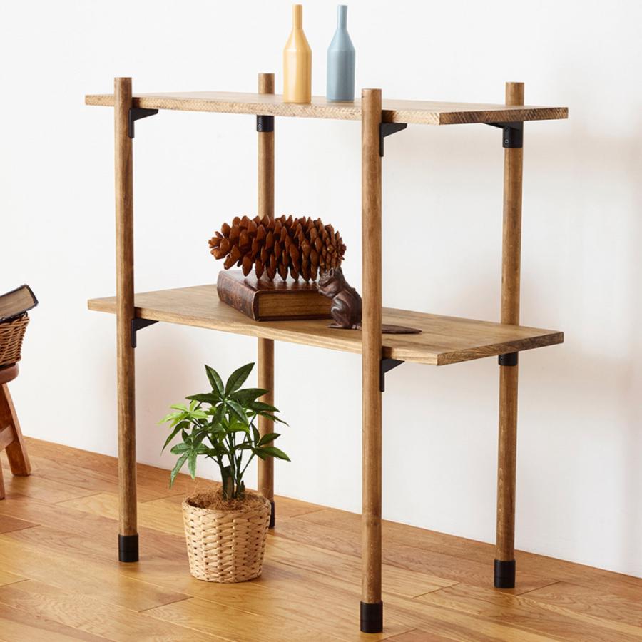 [美品/匿名配送]高さ調整可能なオシャレな黒の突っ張り棒 丸い木製の棚2個付 HAGiHARA（萩原） 突っ張りポールラック 丸型トレイ5個 高さ調整