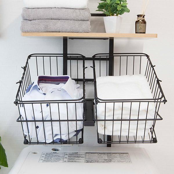 ランドリーラック 突っ張り 棚板2枚 バスケット付き 幅55cm 高さ207