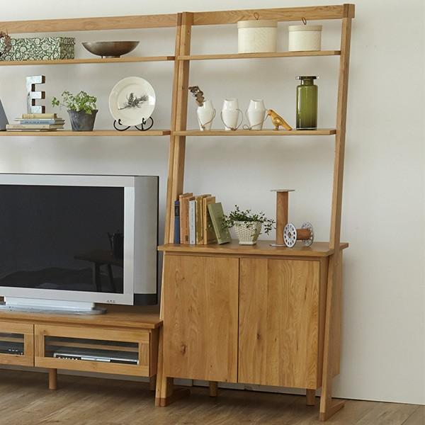 キャビネット 両開き ラック付 北欧風 天然木 オーク無垢材 幅75cm （ サイドボード リビング収納 オープンラック 収納ラック 設置サービス ）