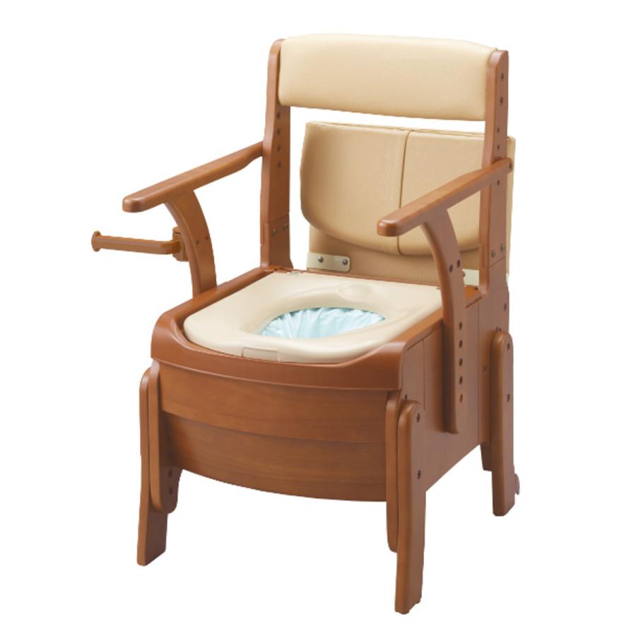 ポータブルトイレ コンパクト 標準便座 自動ラップ キャスター付 家具調セレクトR ノーマル ひじ掛けタイプ 介護用 日本製 （ 省スペース 洋式 樹脂製 ）