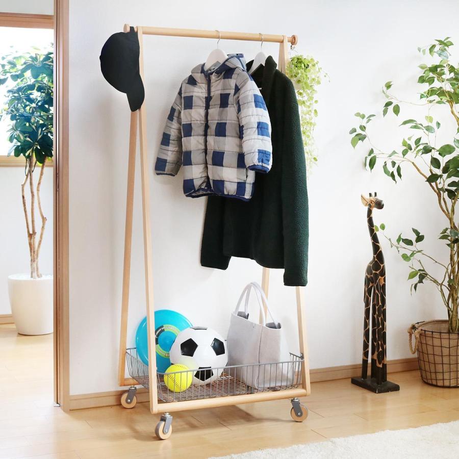 木製 キャスター付き キャスター付きハンガーラック コートラック 弘益 コートハンガー 北欧風 天然木フレーム カゴ付 LIV 幅66cm