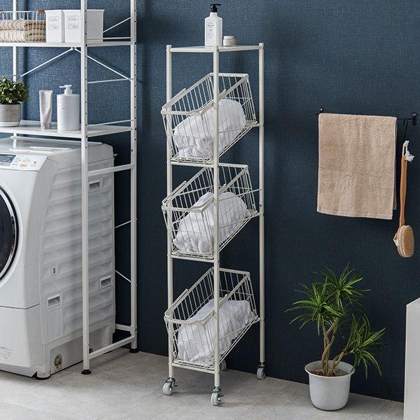ランドリーワゴン 3段 スリム 幅28cm 棚付きバスケット ランドリー