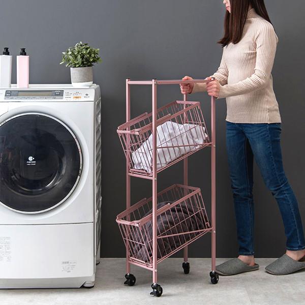 ランドリーワゴン 2段 スリム 幅28cm 棚付きバスケット ランドリー