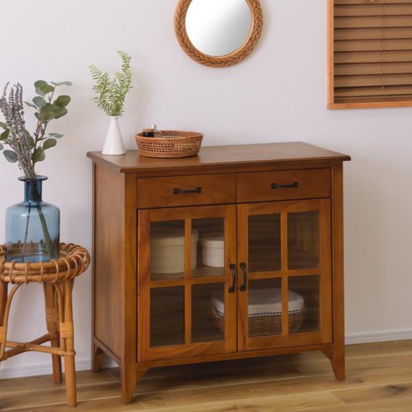 キャビネット 両開き 引出し付 天然木 エスニック調 Timber 幅80cm