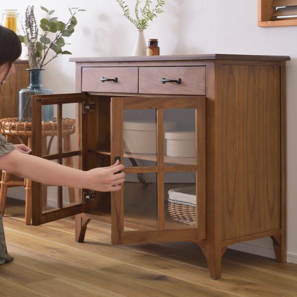 キャビネット 両開き 引出し付 天然木 エスニック調 Timber 幅80cm