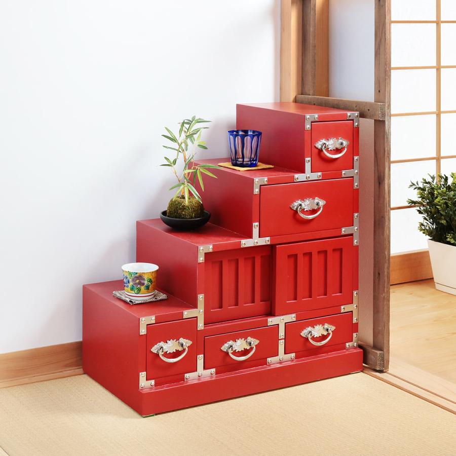 階段箪笥 桐製 民芸調 和風チェスト 左下がり 朱雀 幅57cm （ 箪笥