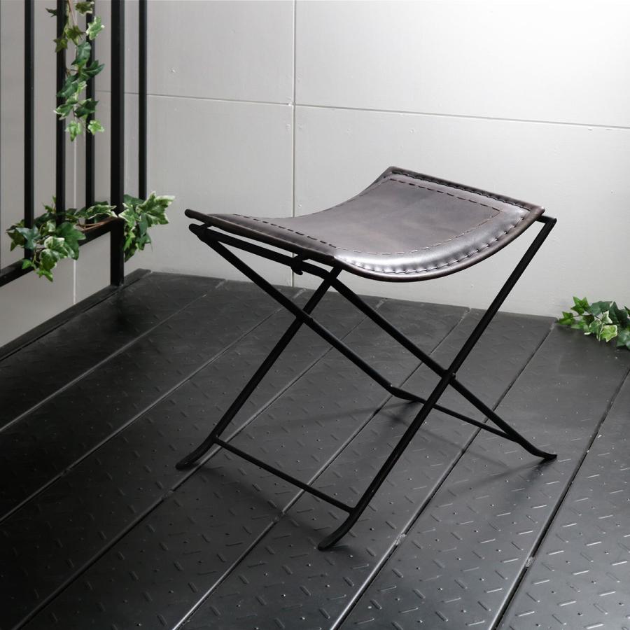 折りたたみ椅子 高さ44cm レザー アイアン アンティーク調 （ スツール