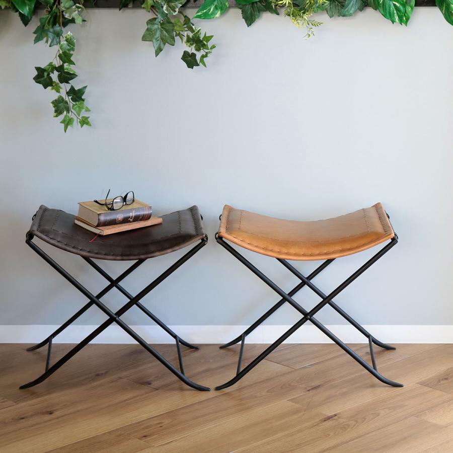 折りたたみ椅子 高さ44cm レザー アイアン アンティーク調 （ スツール