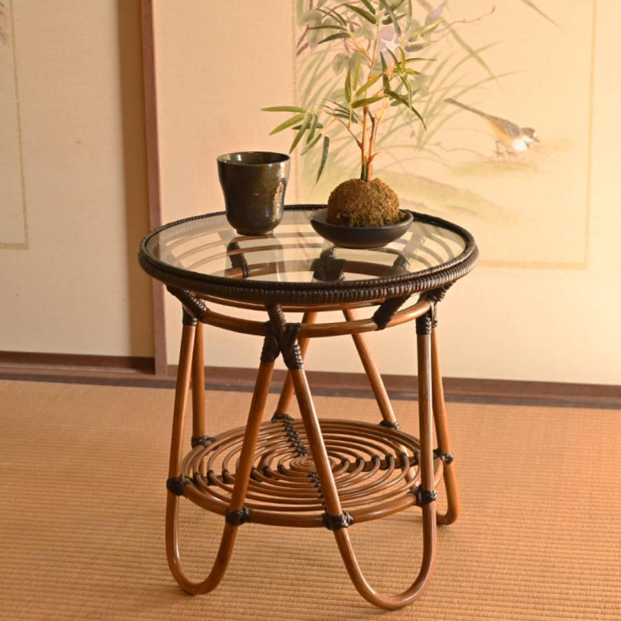 ラタンテーブル 円形 ガラス天板 棚付 籐家具 直径60cm （ アジアン