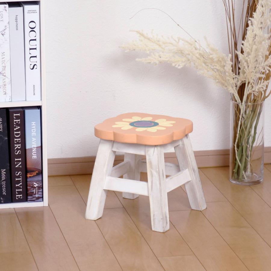 スツール 座面高25〜26cm ピンクフラワー 天然木 （ ウッドスツール 