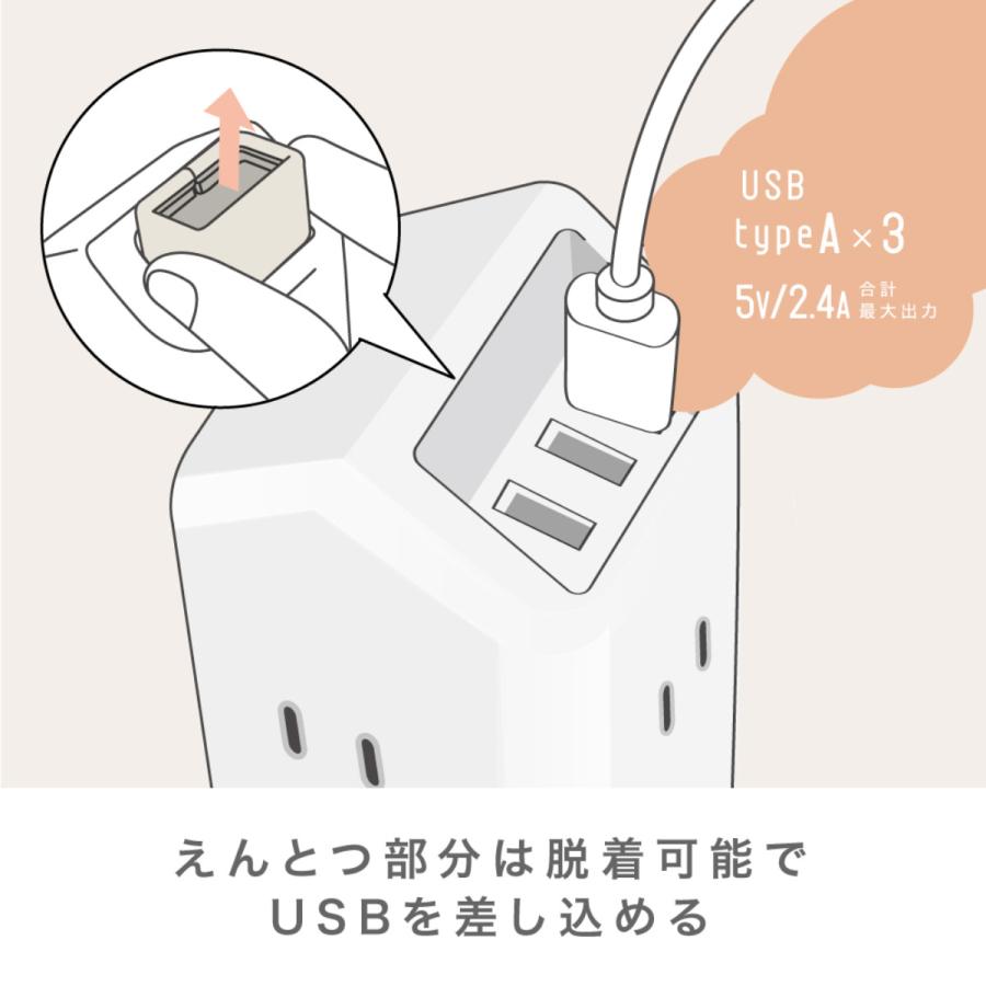 コンセント えんとつ屋根のコンセントハウス 2m AC ６個口 USBポート付き 同時充電 （ 電源タップ USB 延長コード ACアダプター USBアダプター かわいい ）｜interior-palette｜10