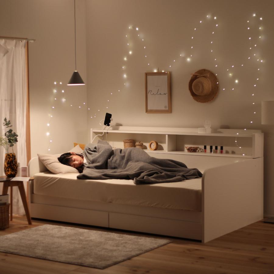 デイベッド シングル 棚付 引出し2杯 すのこ （ ソファベッド ベッド