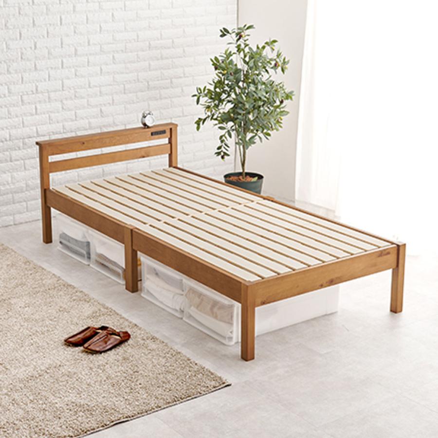 組み立て式 木製シングルすのこベッド 宮付き2口コンセント付き シングル] 総ひのき 宮付き すのこベッド スマホスタンド 2口