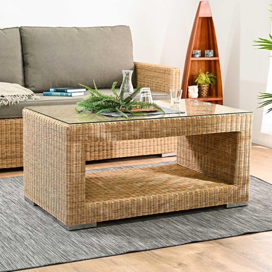 シンセティックラタン テーブル 幅110cm PEコード ガラス天板 Garden