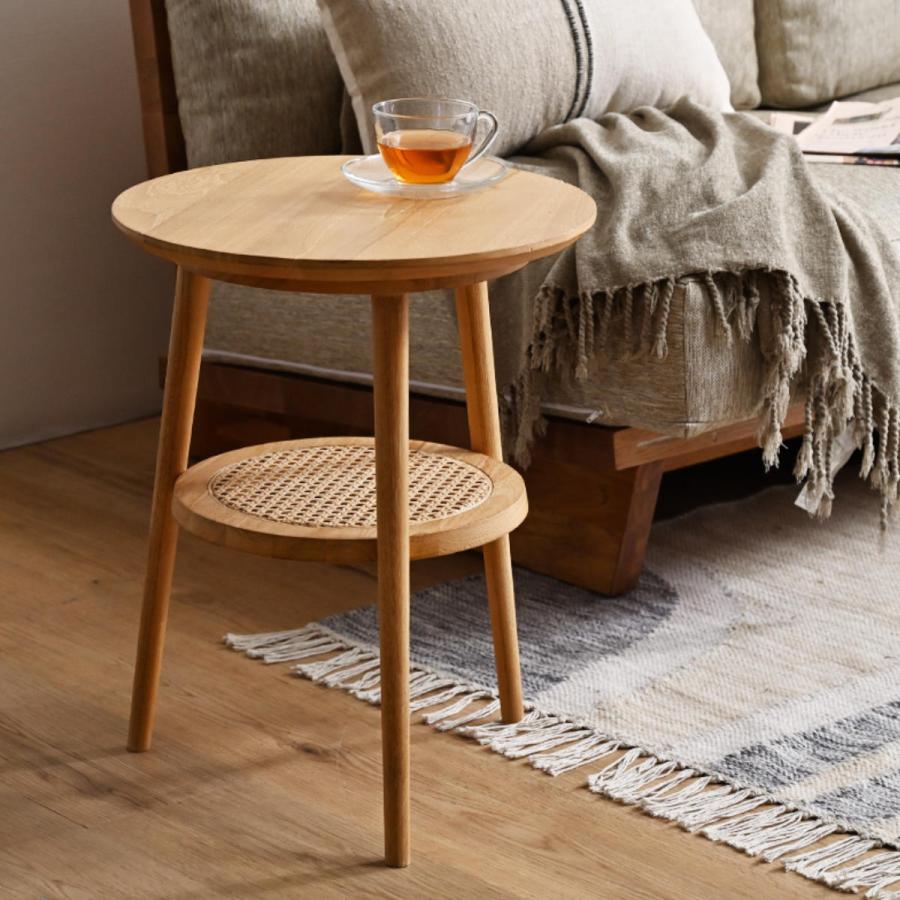 サイドテーブル　オーク材　ラタン サイドテーブル ラタン 直径45cm ラウンド 天然木 WAHOO （ ラタン